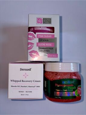 3 PC Lot: Pink Sugar Lip Scrub, Pomegranate Body Scrub & Whipped Recovery Cream